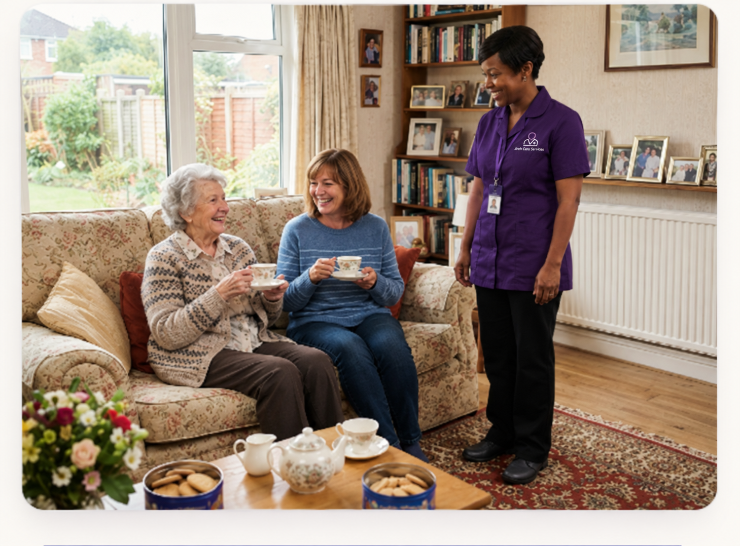 An adult daughter sitting with her elderly mother at home, with a professional female domiciliary carer in the deep-purple Jireh Care uniform with black trousers standing warmly nearby