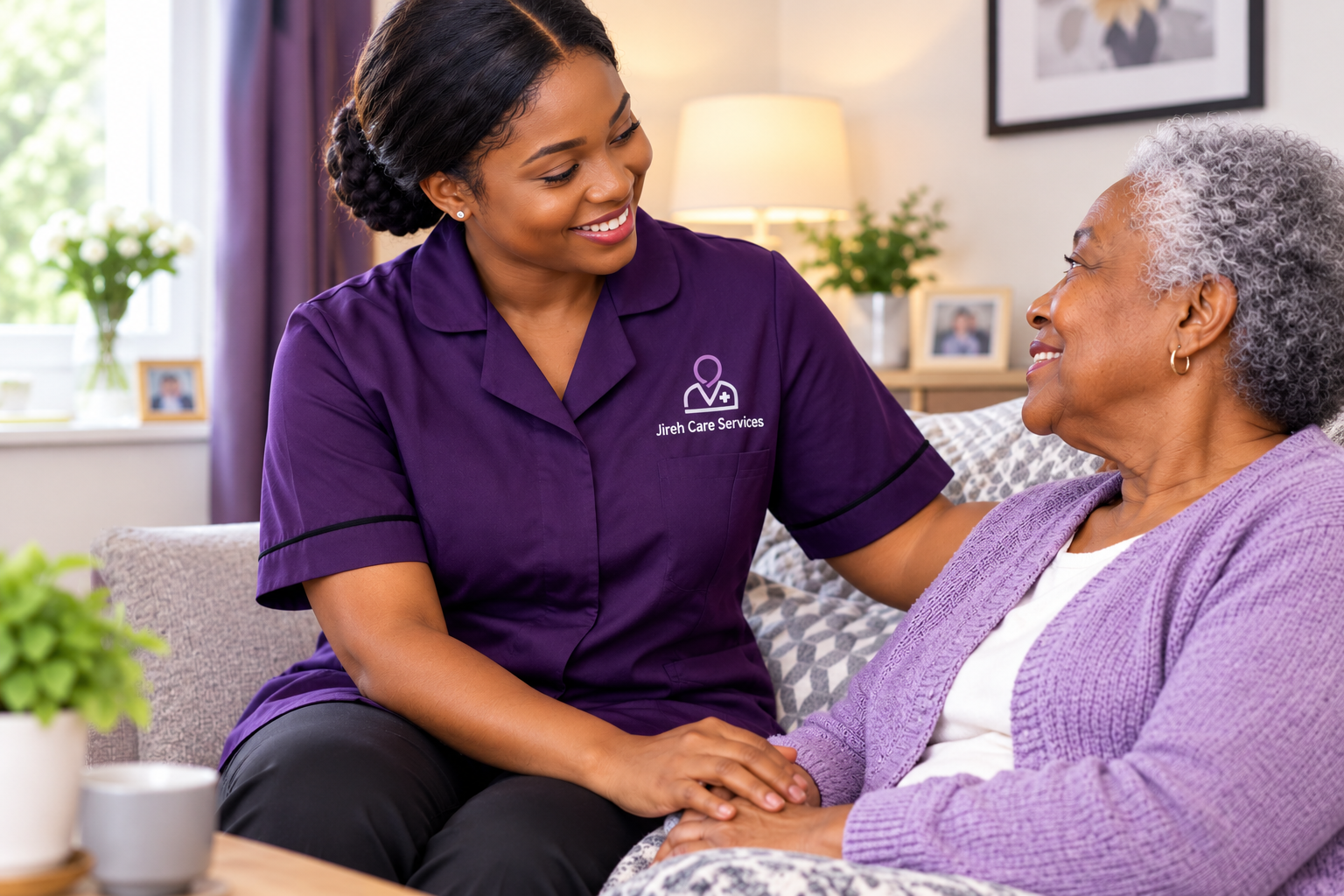 A professional Jireh Care Services carer wearing the official deep-purple uniform top sitting warmly with an older lady at home