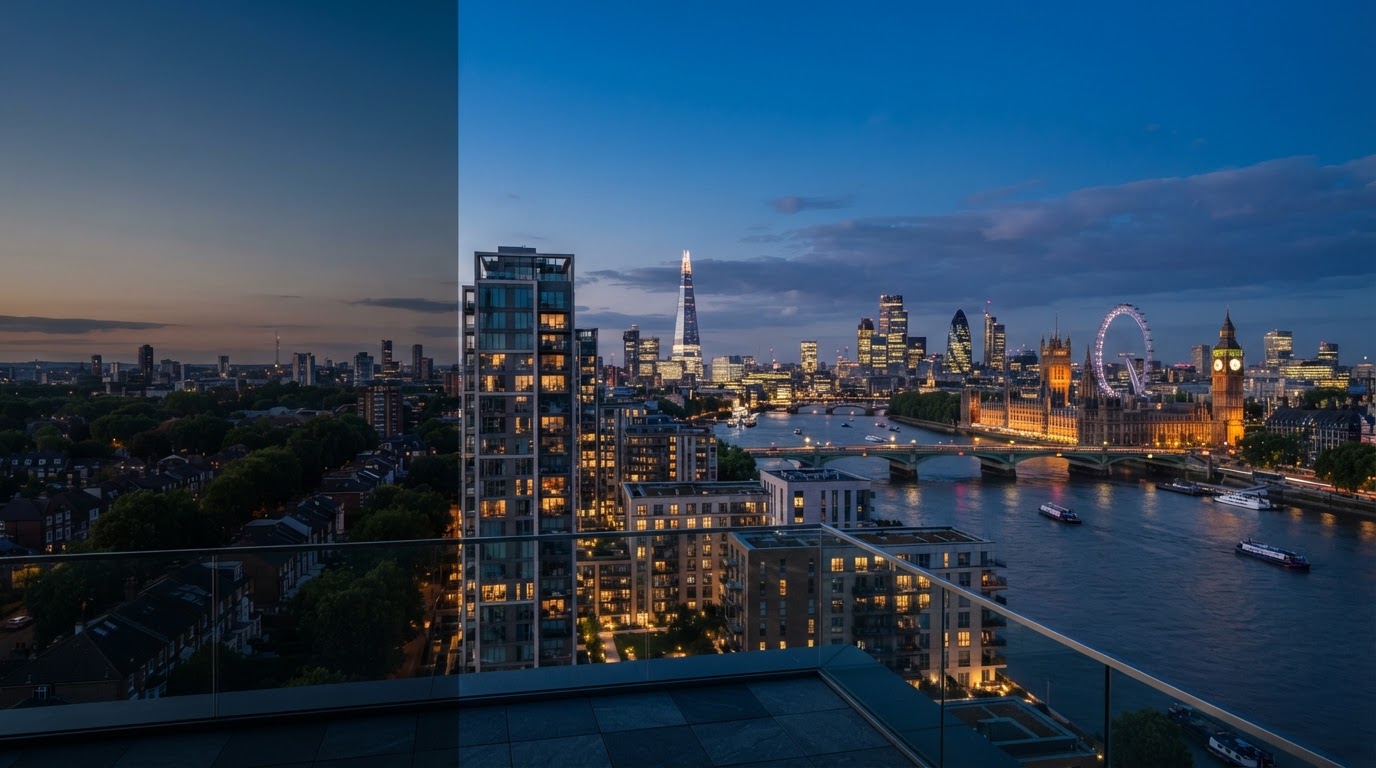 London residential skyline at blue hour across the River Thames