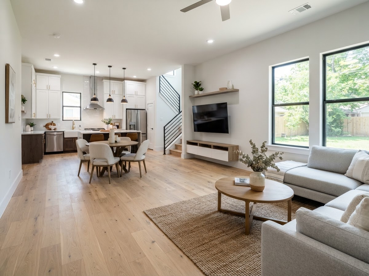 Fully renovated open-concept interior of the home