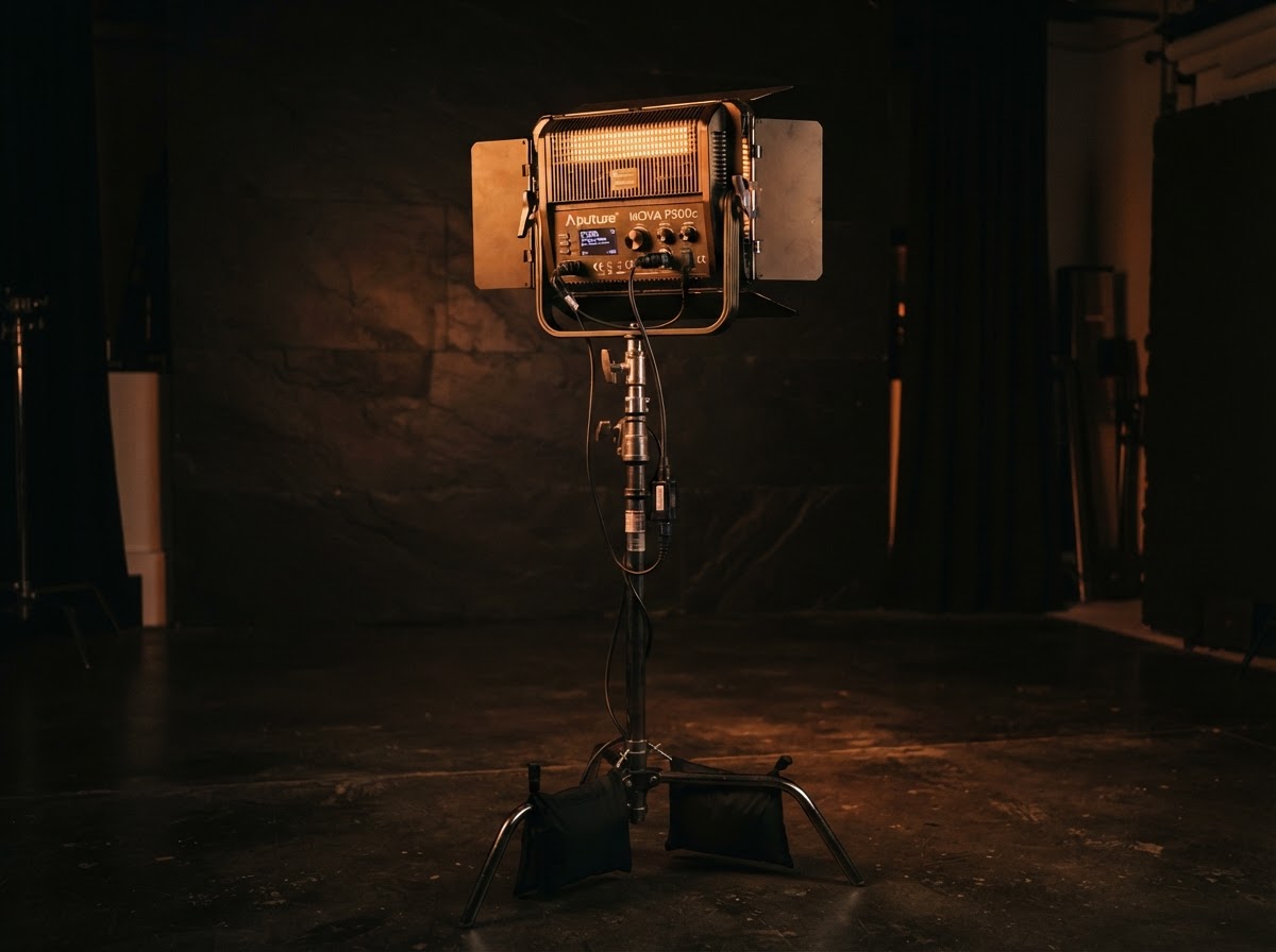 Aputure RGB lighting rig on a C-stand
