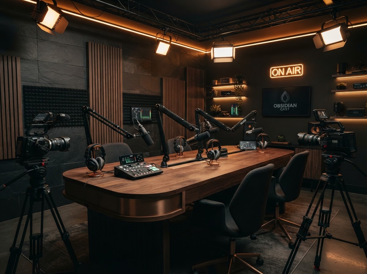 Podcast studio bay, wide shot