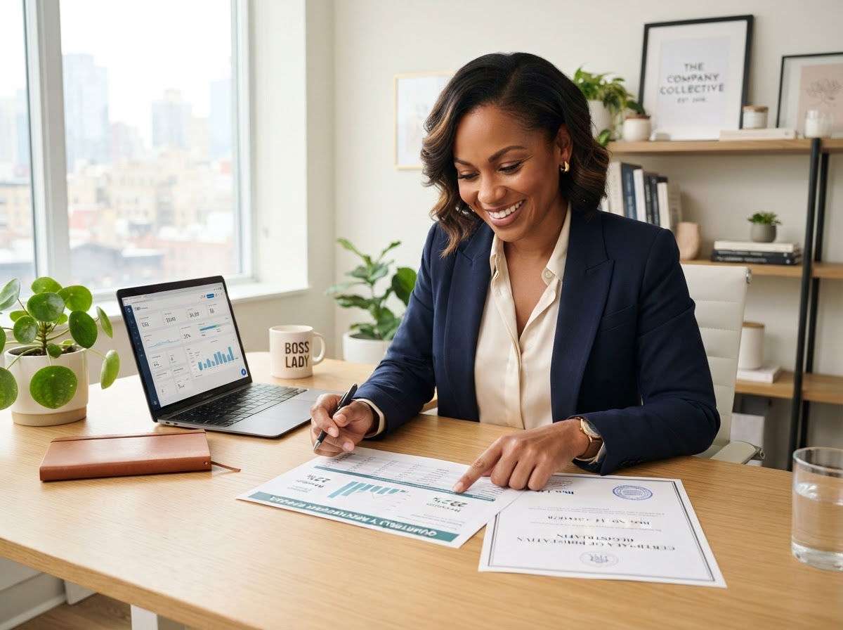 Entrepreneur organizing business tax and registration papers
