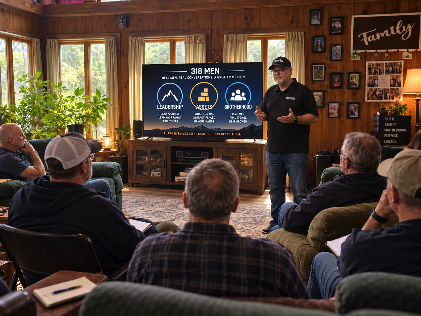 Rick Kauffman leading a 318 Men gathering in a living room, teaching Leadership, Assets, and Brotherhood.