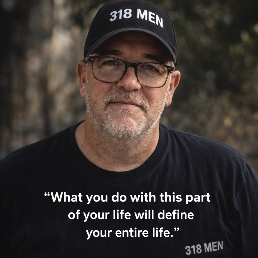 Rick Kauffman, founder of 318 Men, holding Ascension of the Warrior in the conference room.