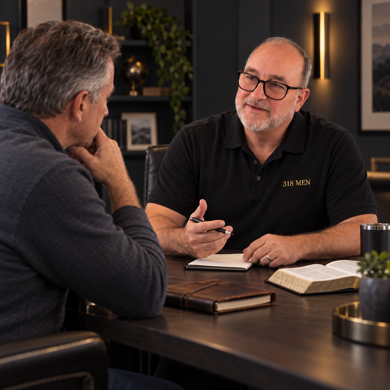 Rick Kauffman in a focused one-on-one coaching conversation with a mature business leader.