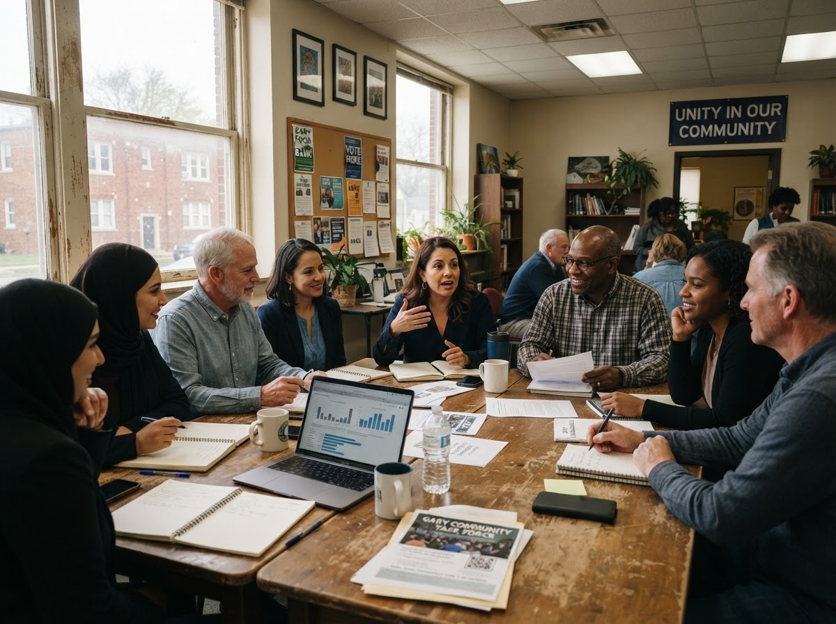 Diverse community leaders collaborating around a table in a Gary, Indiana community center