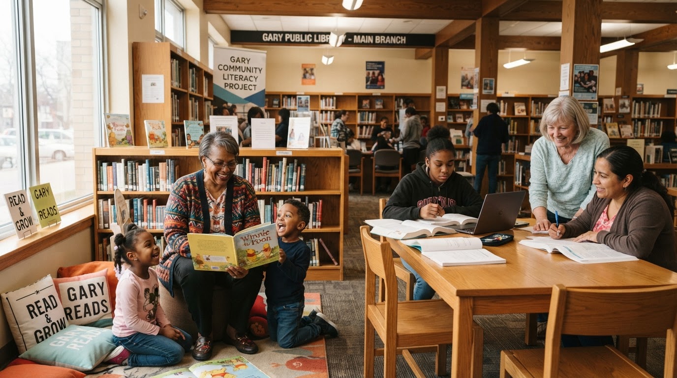 Diverse children and adults reading together in a Gary, Indiana community library