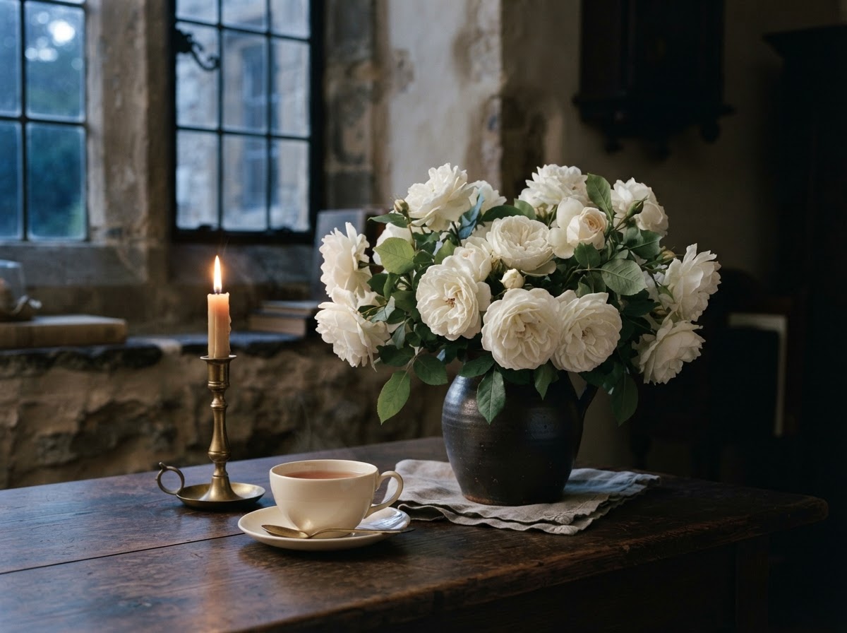 A quiet interior still life of fresh soft white garden roses, a glowing antique-brass candle, and a cream cup on dark wood