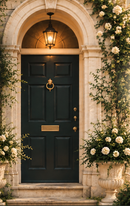 An elegant arched stone entrance with a dark lacquered door, brass fixtures, and climbing white roses
