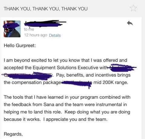 Client testimonial: Accepted Equipment Solutions Executive role with mid-200K compensation package