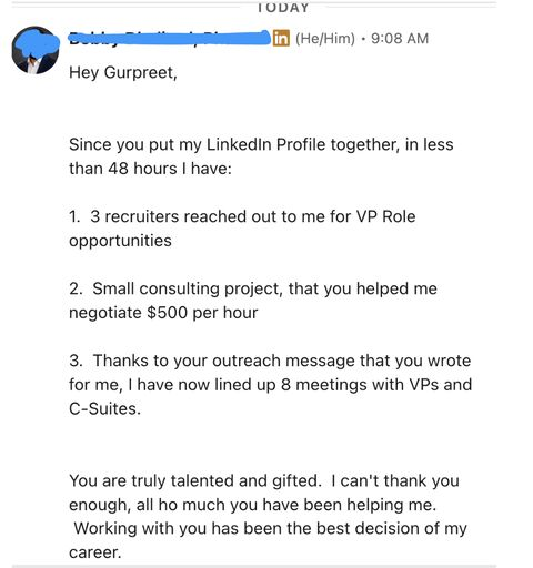 Client testimonial: 3 recruiters for VP roles, $500/hr consulting project, 8 meetings with VPs and C-Suites in 48 hours