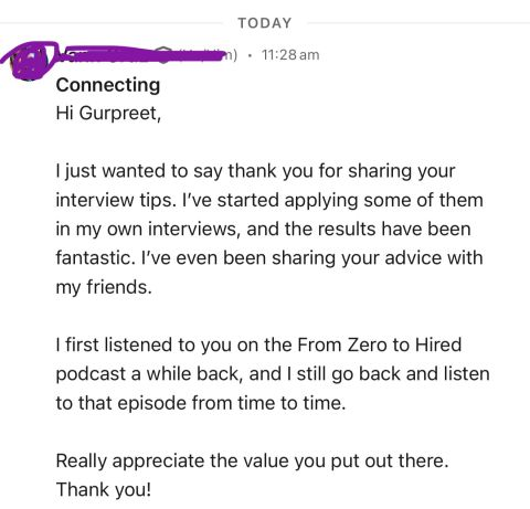 Client testimonial: Interview tips fantastic results and From Zero to Hired podcast listener