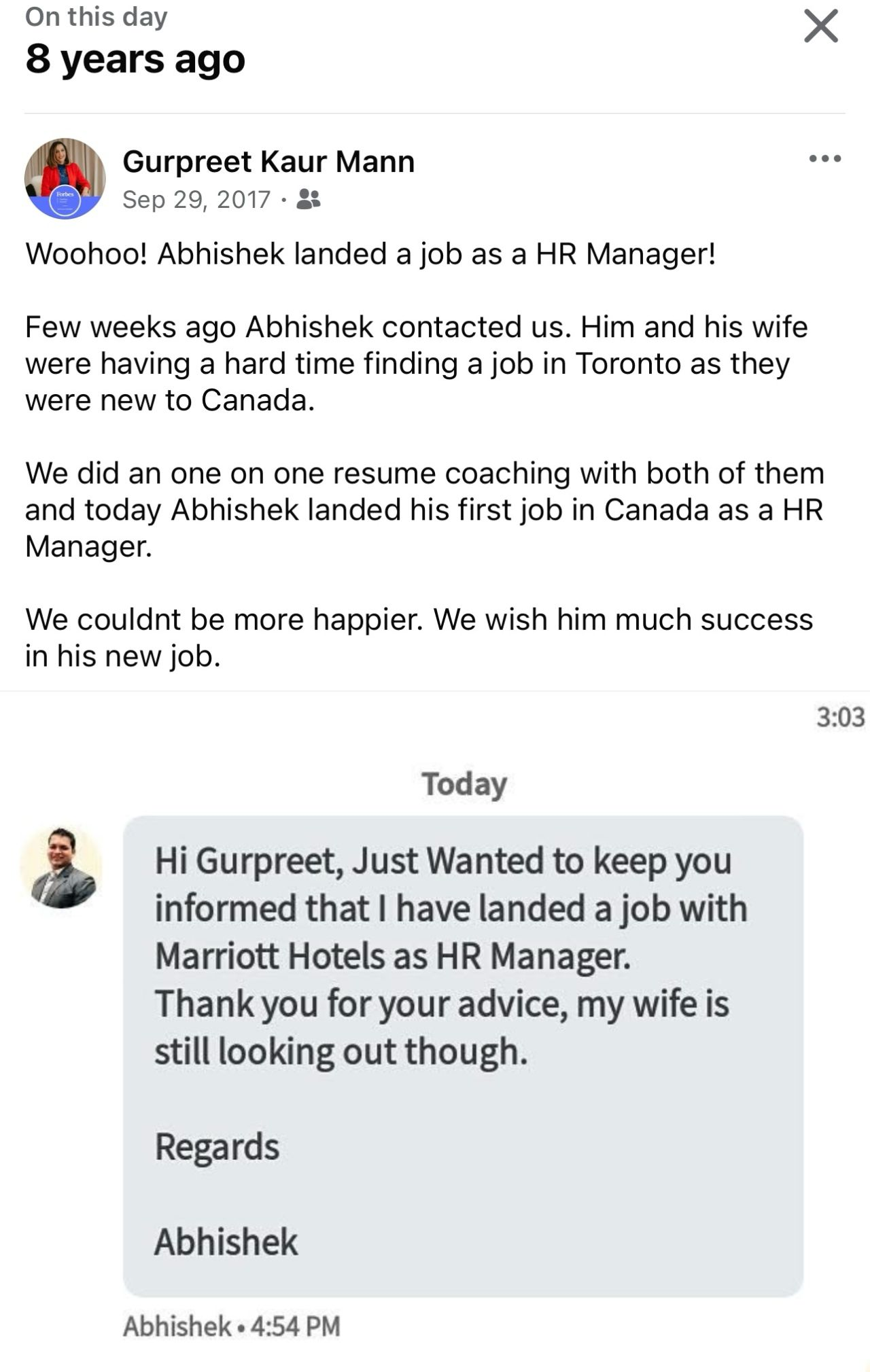 Client testimonial: Abhishek landed HR Manager role at Marriott Hotels