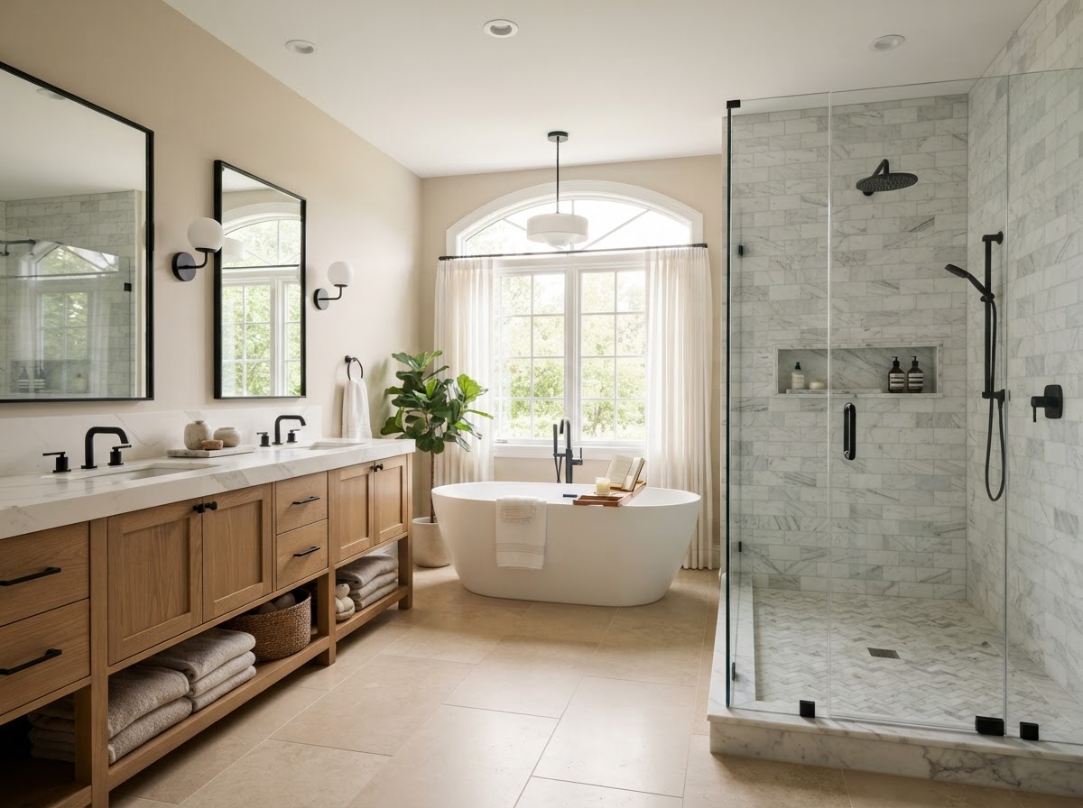 Bathroom renovation by the top remodeling contractor in Chandler with a freestanding tub, marble shower, and double vanity