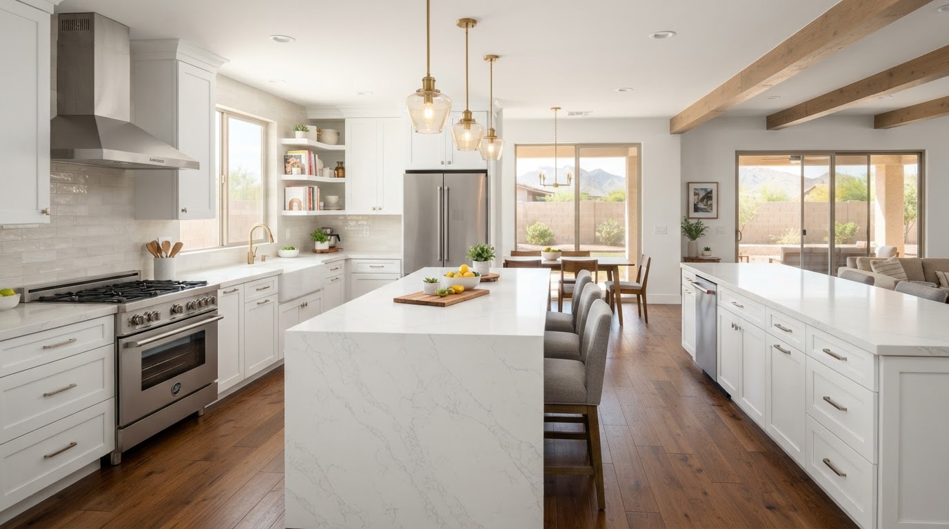 Top remodeling contractor in Chandler — modern remodeled kitchen with white shaker cabinets, quartz countertops, and a large island