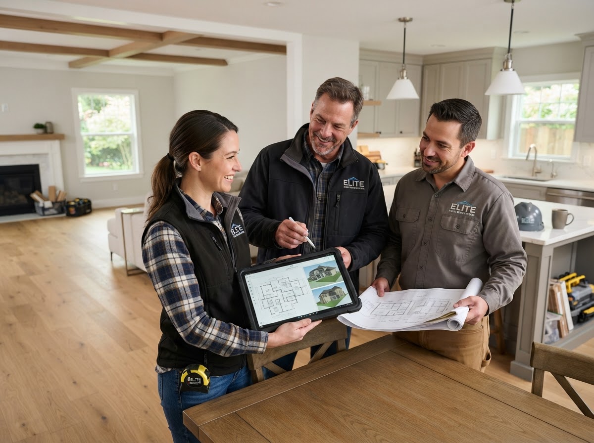 Licensed remodeling contractor team in Chandler reviewing blueprints and design plans for a kitchen renovation
