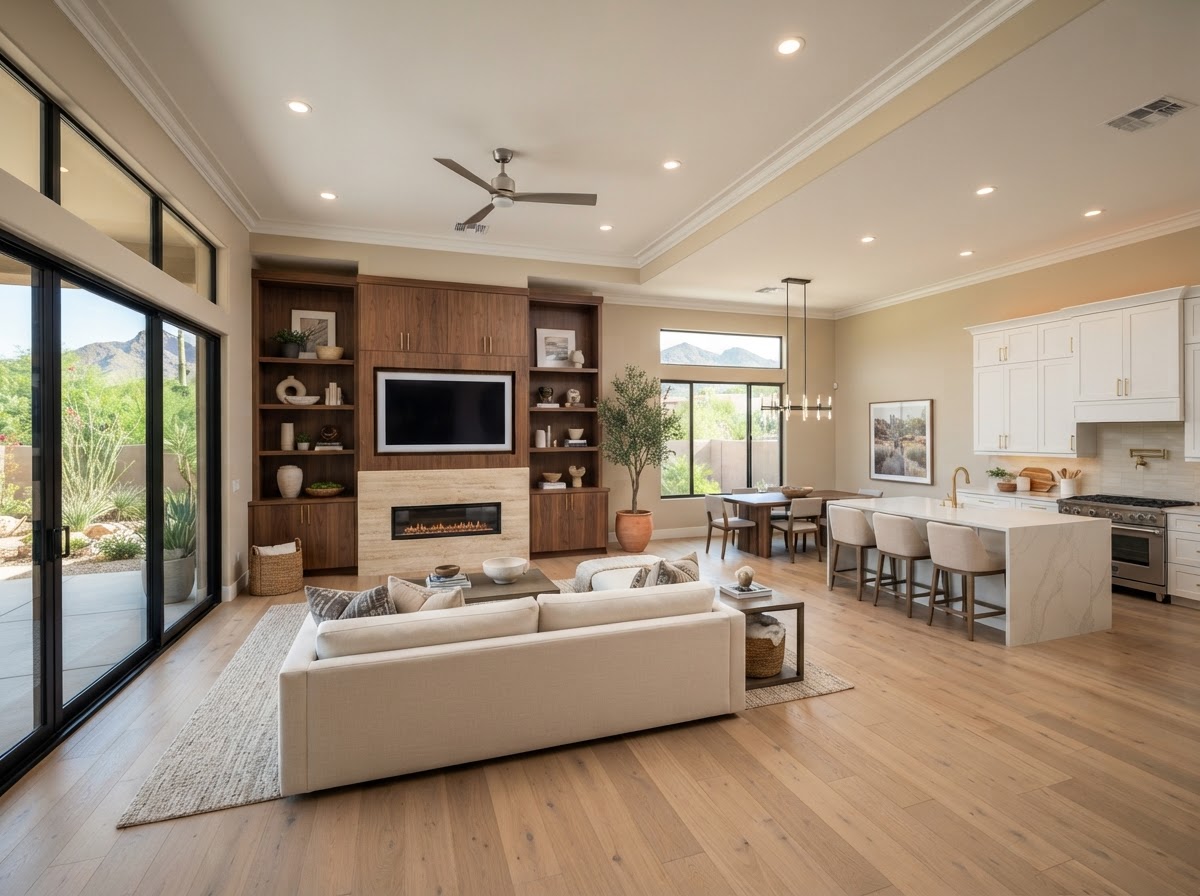 Remodeled open-concept living space by a top Chandler remodeling contractor featuring custom built-in cabinetry and hardwood floors