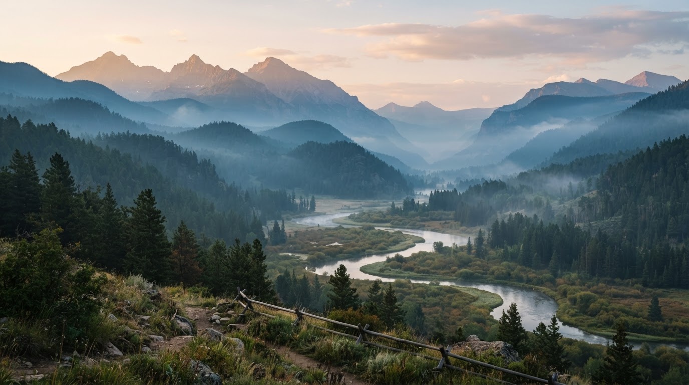 Misty Colorado river valley at dawn