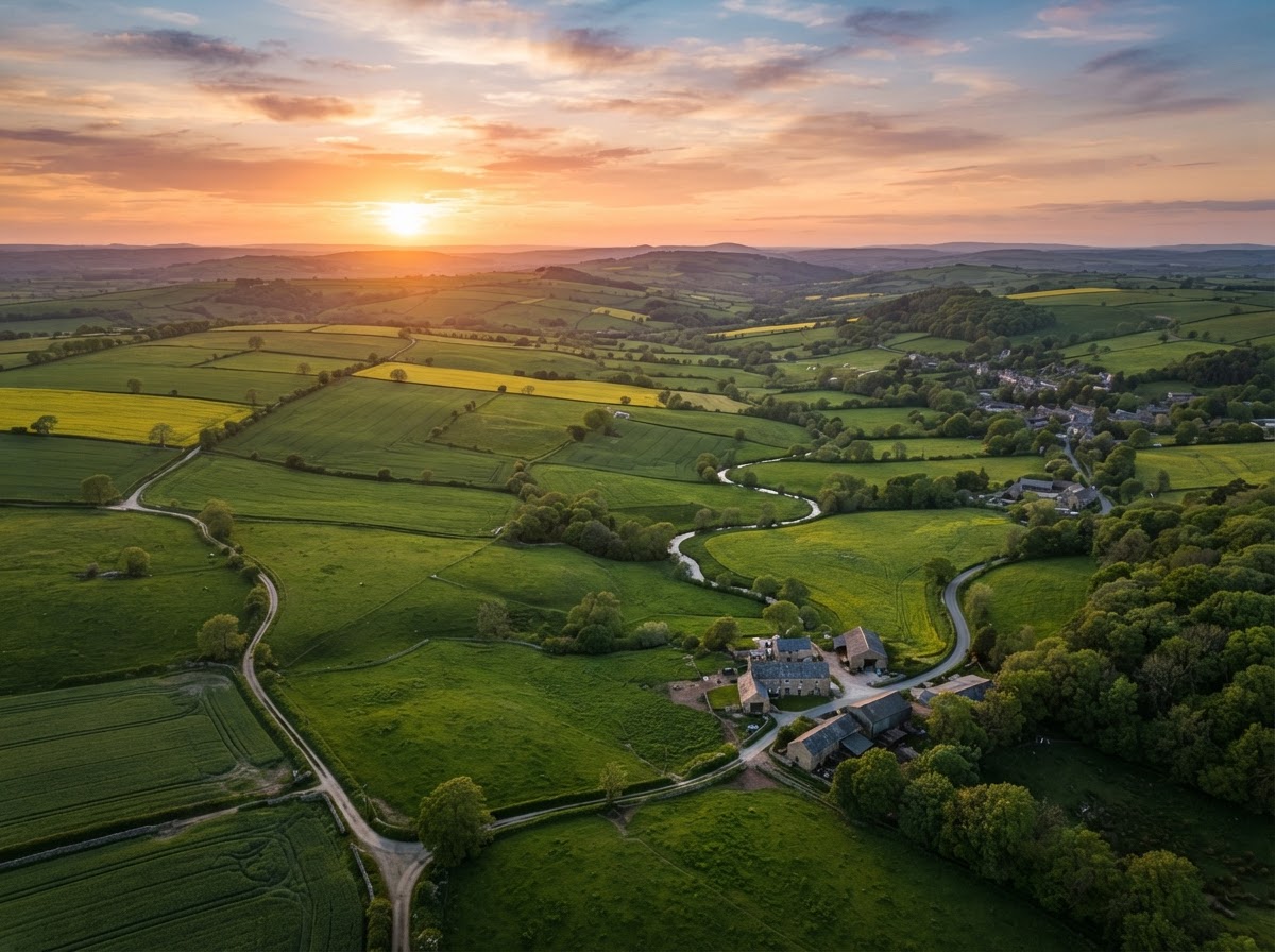 Rolling farmland and hills at sunset