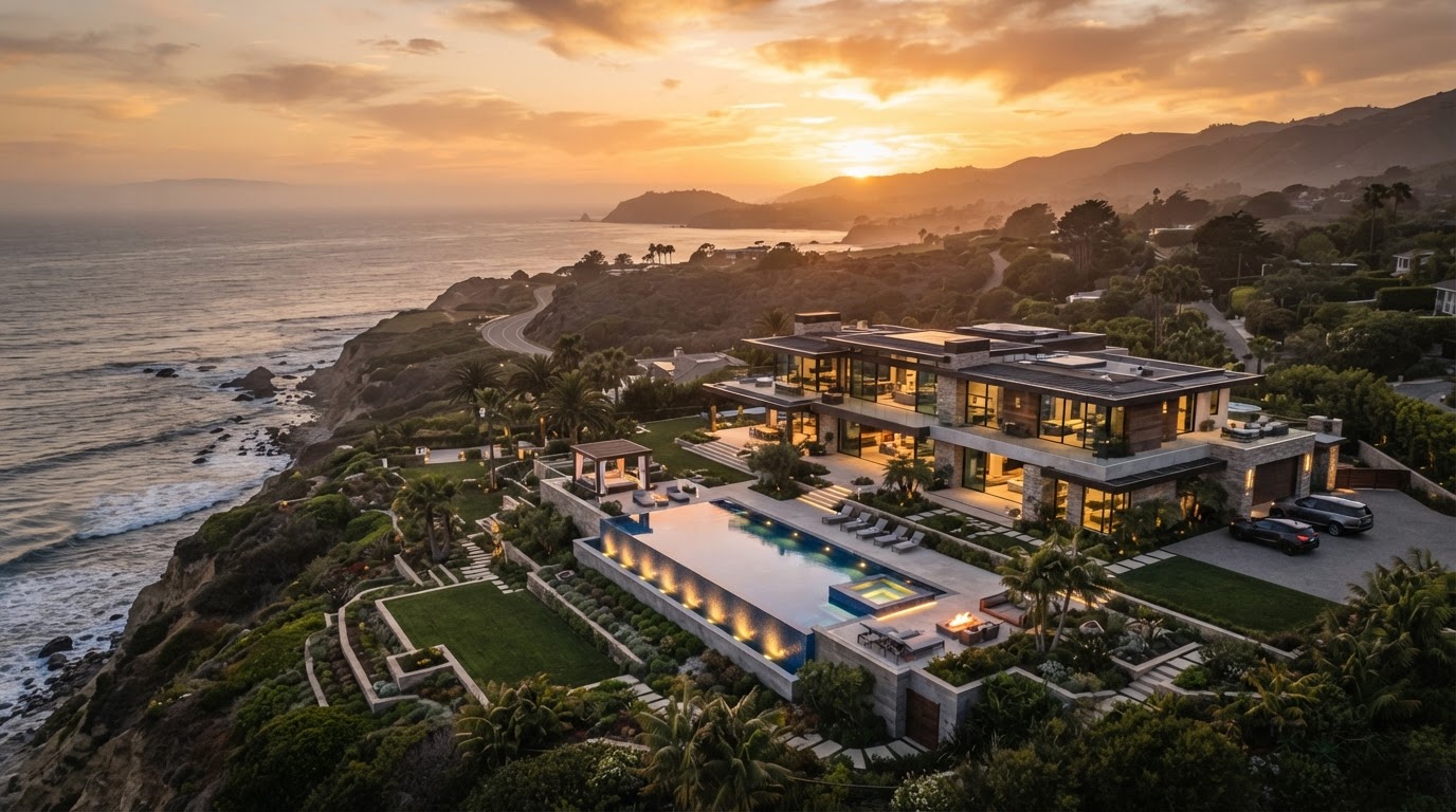 Aerial drone view of a luxury estate at golden hour