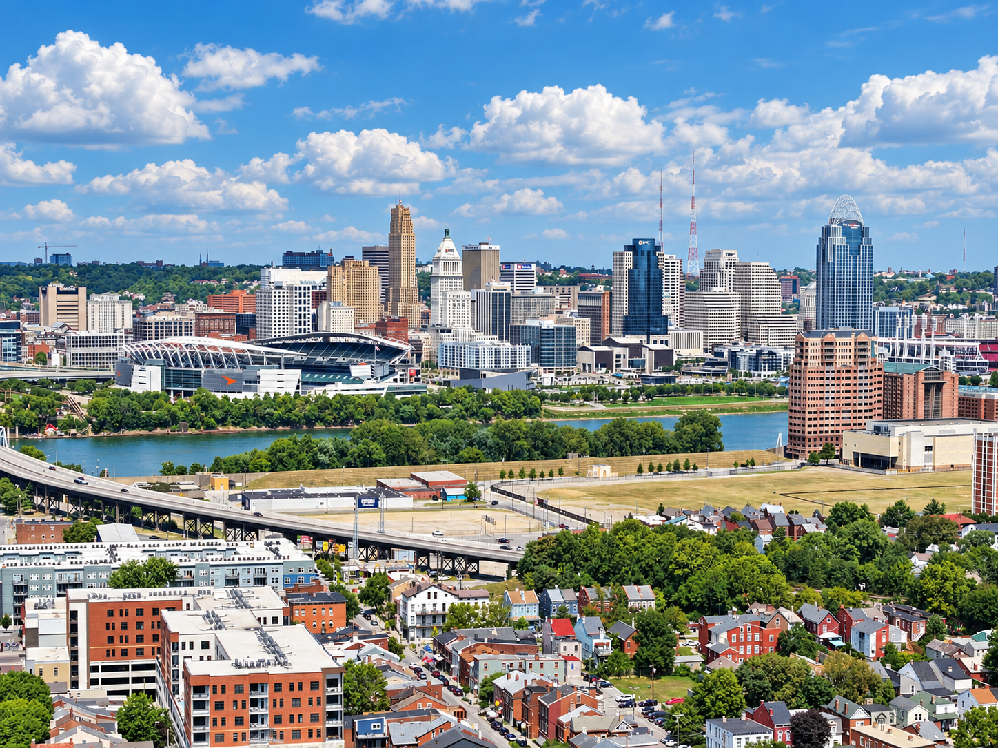 Cincinnati skyline, stadium, and riverfront aerial perspective
