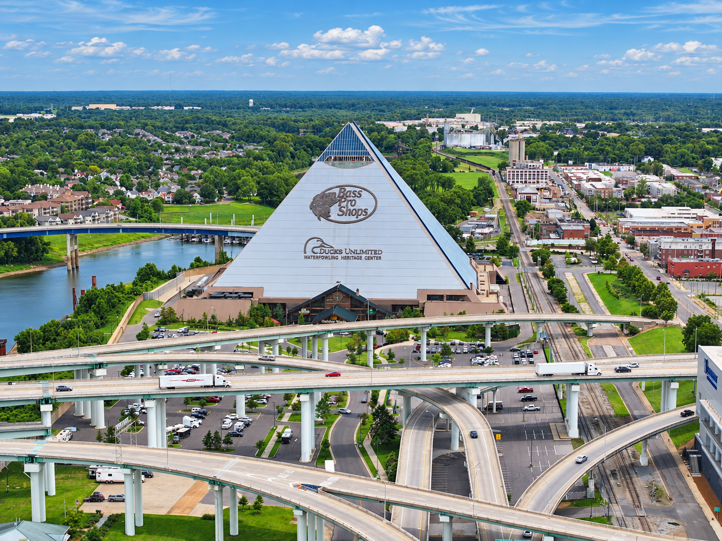 Memphis Pyramid Bass Pro Shops and Ducks Unlimited aerial perspective