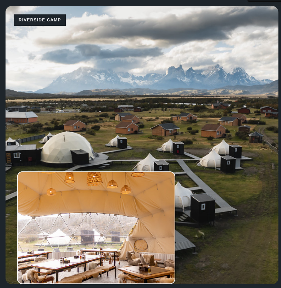 Riverside Camp luxury geodesic dome tents with view of snow-covered Torres del Paine peaks and inset interior dining dome