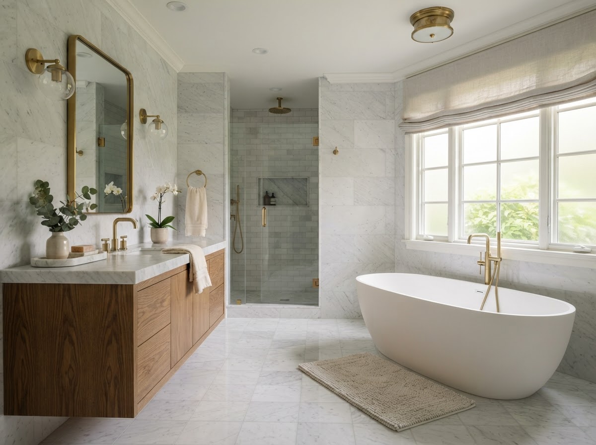 Renovated bathroom with marble tile and freestanding bathtub