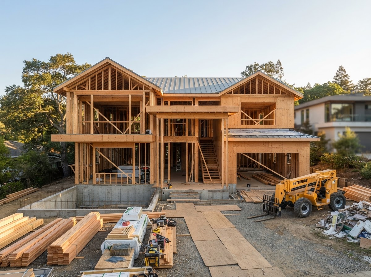 Residential general construction framing in warm daylight