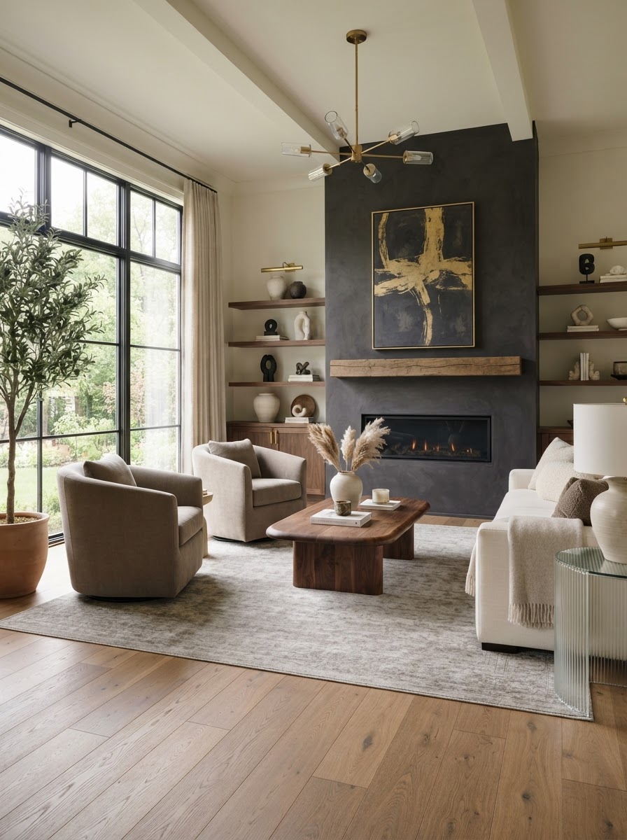 Beautifully renovated living space with modern fireplace and warm finishes