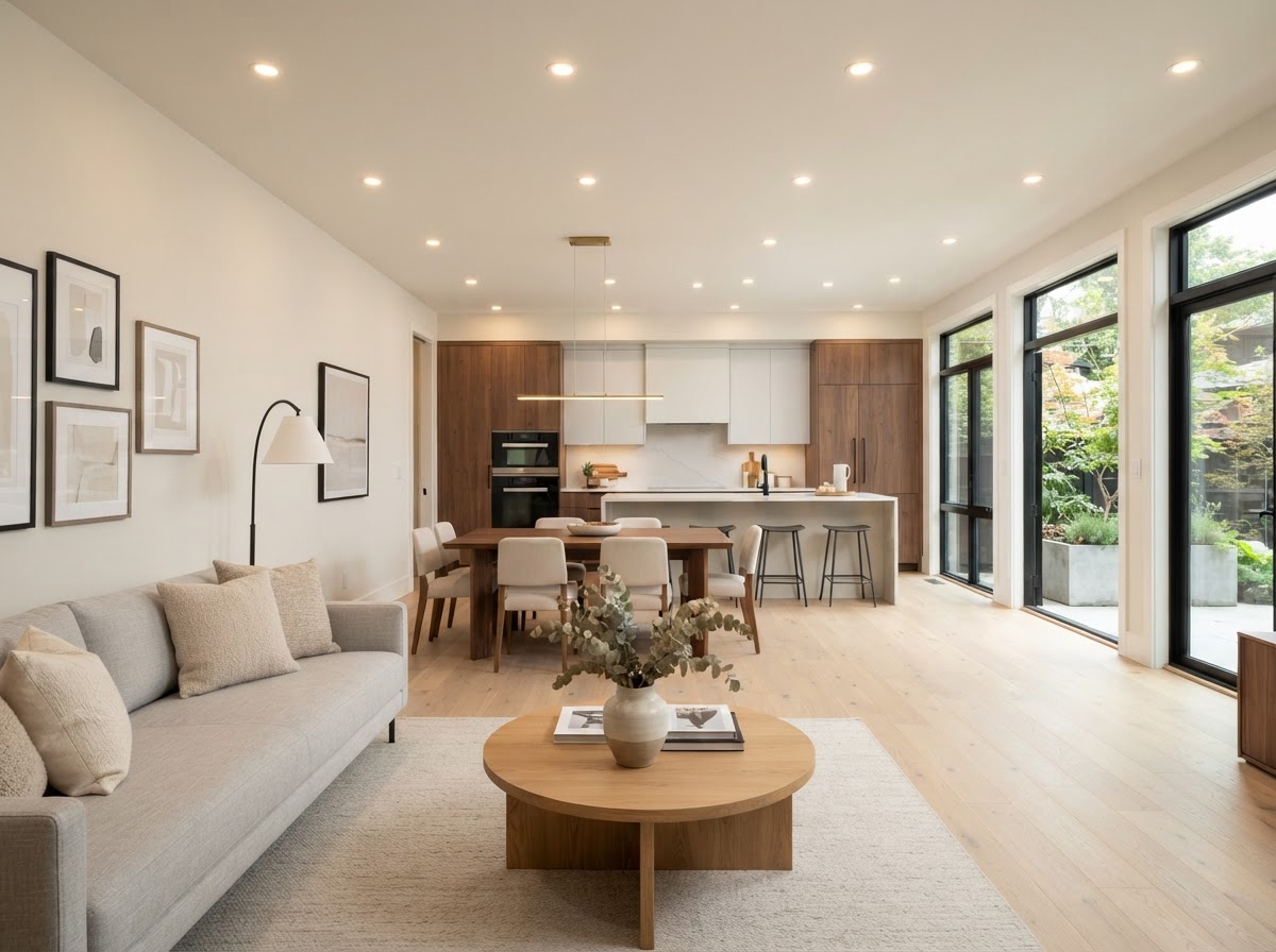 Open-concept living space renovation with hardwood flooring