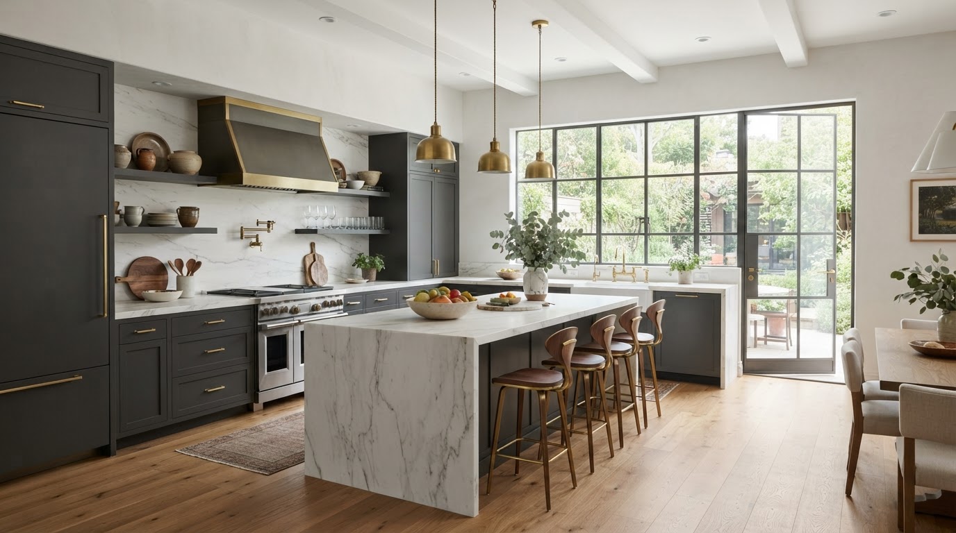 Renovated modern kitchen with charcoal cabinetry and marble countertops
