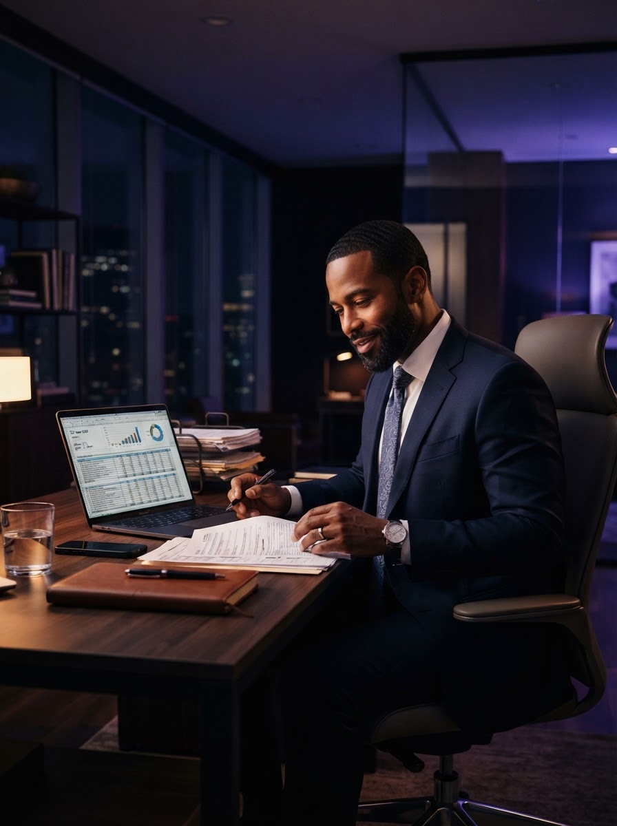 A Lucid Management tax preparer reviewing client documents at a modern desk