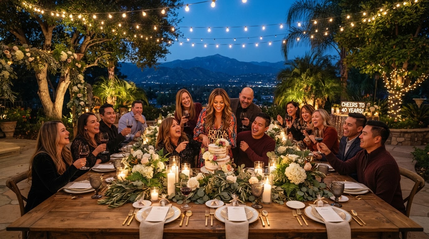 Outdoor milestone birthday dinner setup under warm string lights in Monrovia