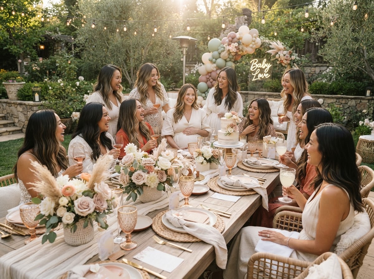 Intimate baby shower table setup with soft warm lighting and pastel floral decor