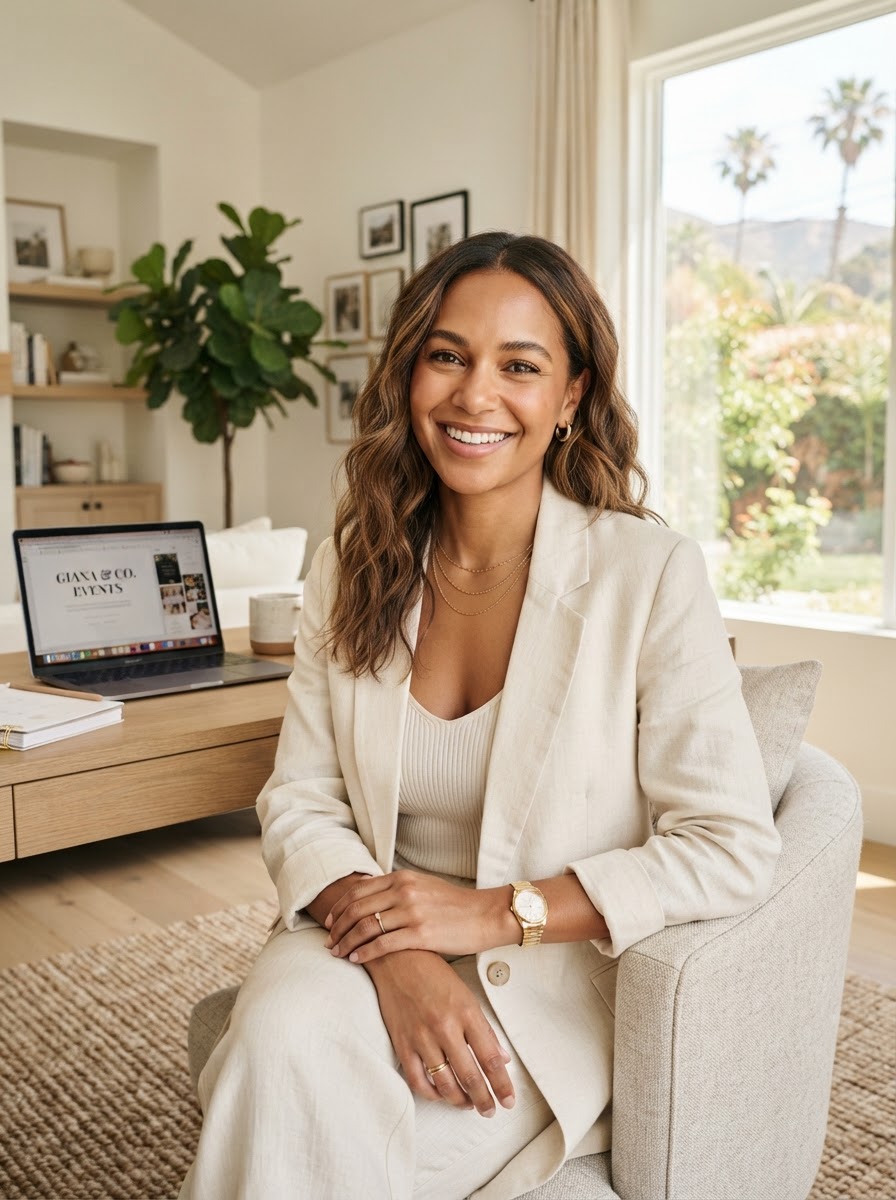 Giana Furuya, owner of Moving Mountains Event Planning, in a warm portrait setting