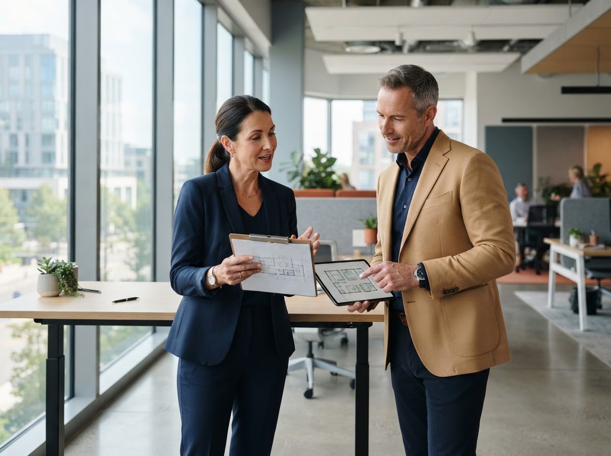 Facility manager and consultant reviewing workspace layout