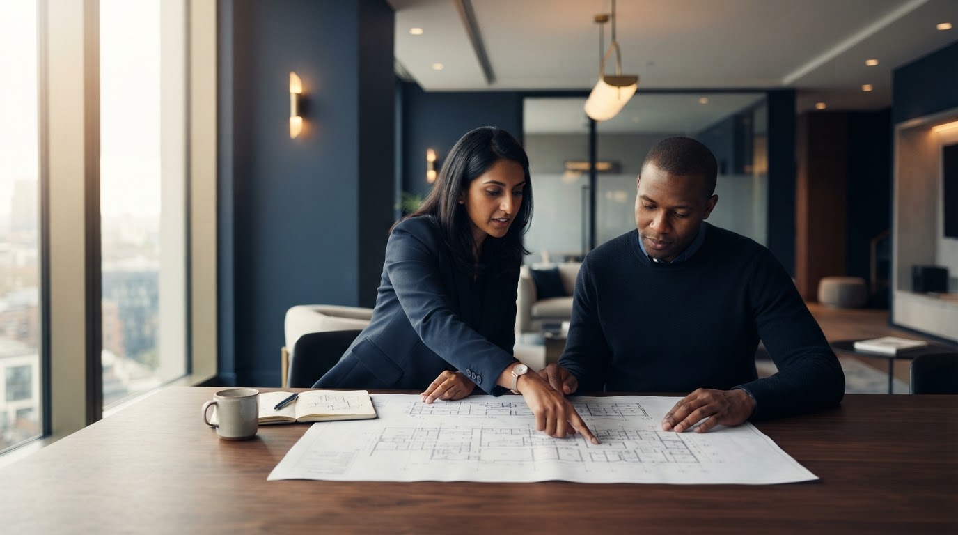Property operations professionals reviewing facility blueprints
