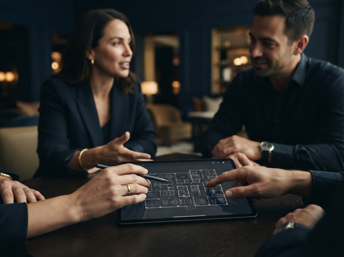 Professionals collaborating on operational floor plan