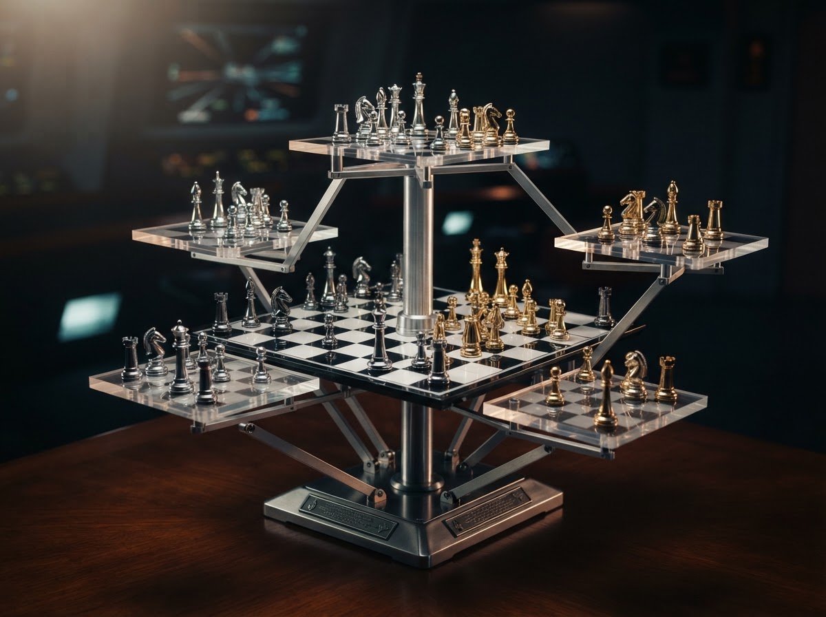 Three-dimensional chessboard reminiscent of Star Trek Tri-Dimensional Chess, symbolizing strategic discovery and planning