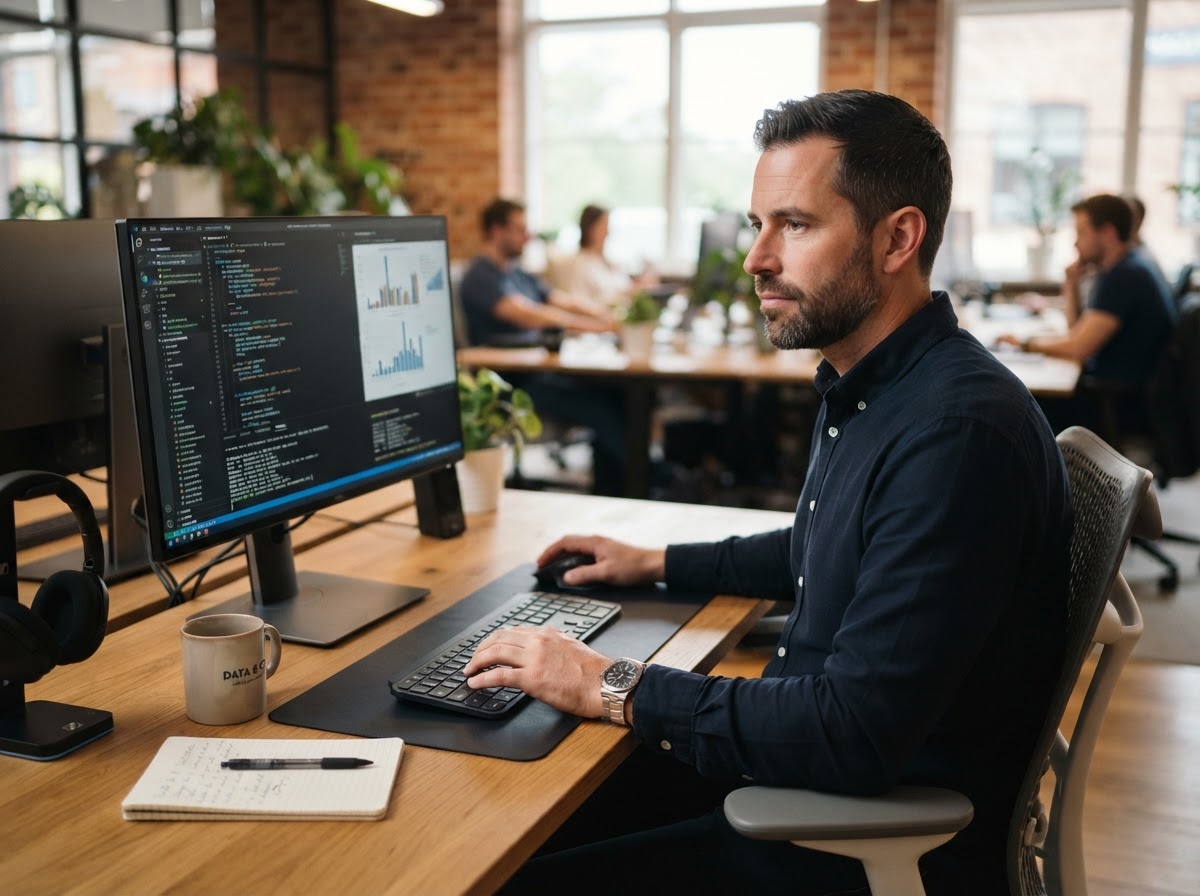 Professional personally handling Google customer reviews at a computer workstation