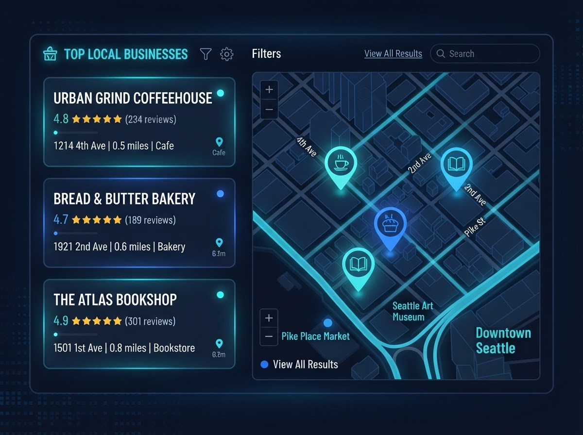 Local map pack showing three business listings with star ratings pinned on a city street map, representing local search dominance and Map Pack optimization