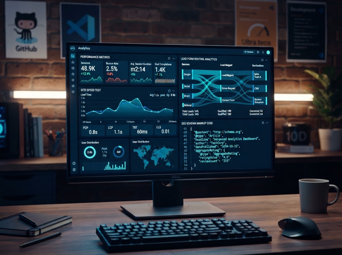 Analytics dashboard with speed testing, SEO schema markup, lead form routing, and performance metrics before public launch