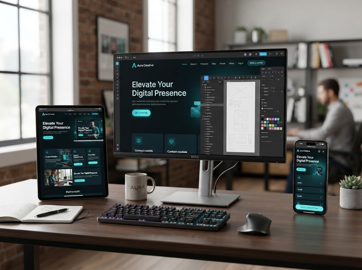 Responsive UI/UX design mockups across desktop, tablet, and smartphone devices, representing custom design and build