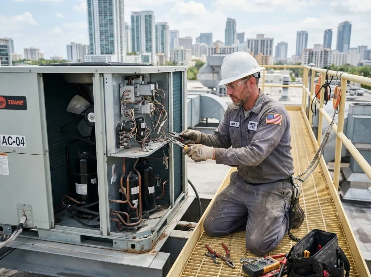 HVAC technician kneeling beside an open rooftop AC unit performing maintenance and repair with skyline behind