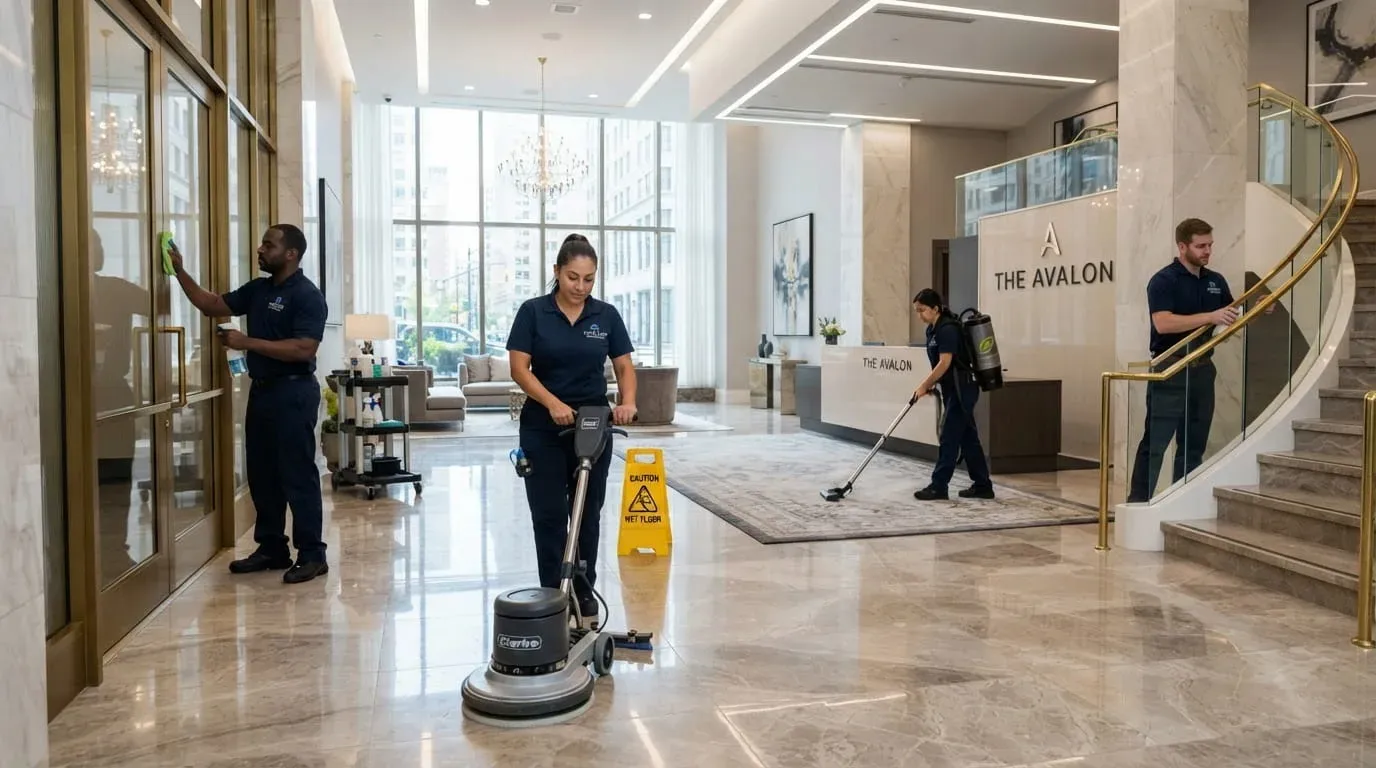 Commercial cleaning crew in navy uniforms buffing floors and cleaning surfaces in a luxury building lobby