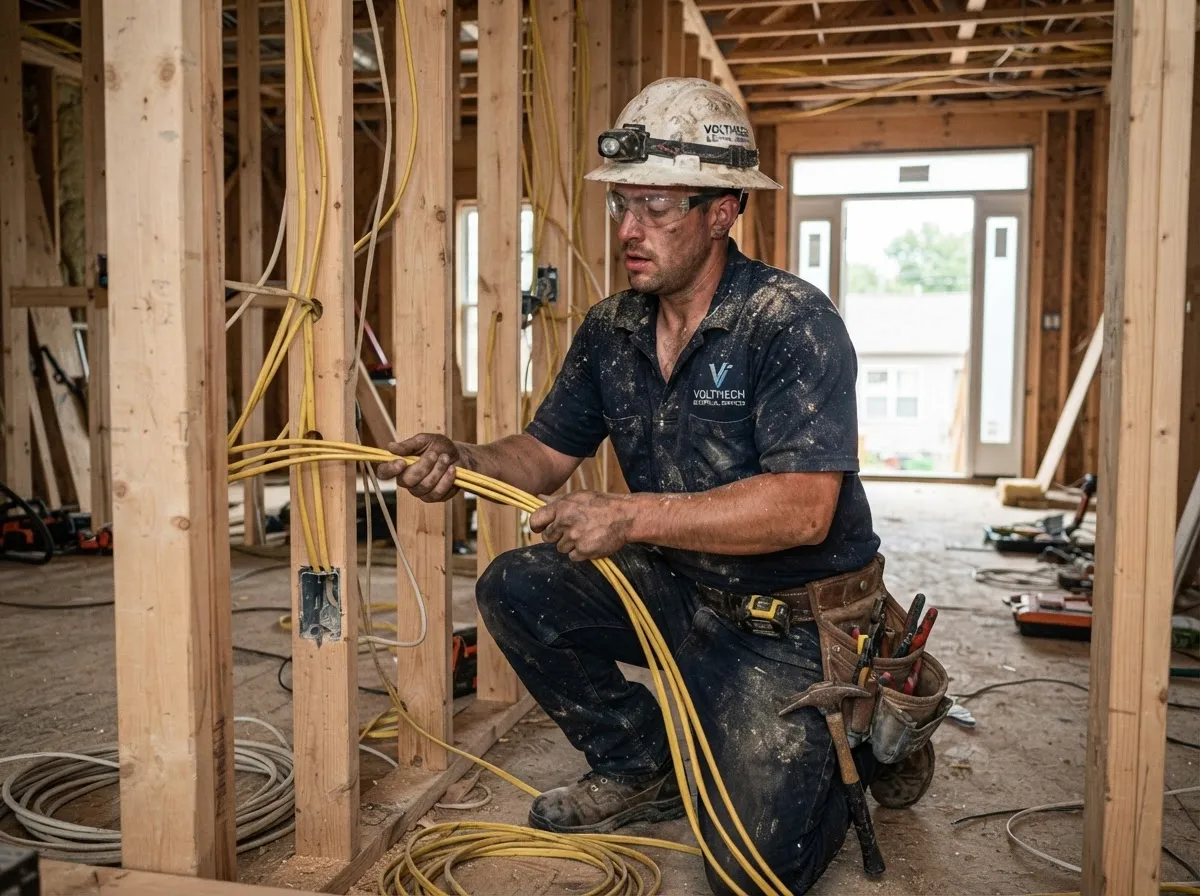 Electrician pulling wiring through wall studs in an unfinished building frame