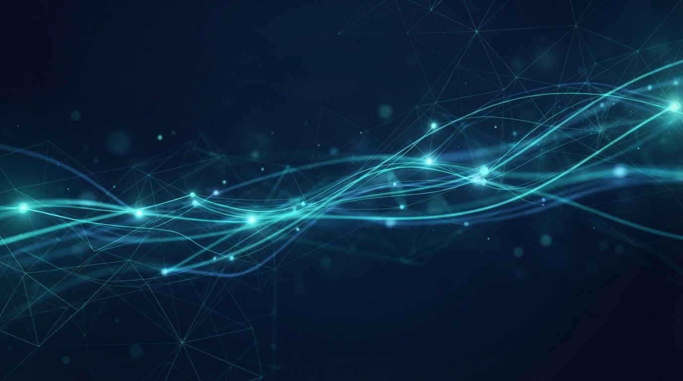 Abstract digital marketing automation network with glowing teal data lines