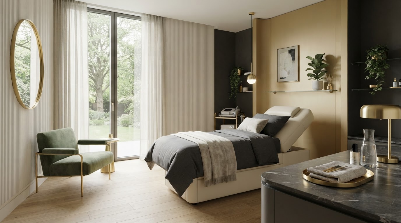 Interior de una clínica de estética premium al amanecer, con luz natural y ambiente sereno